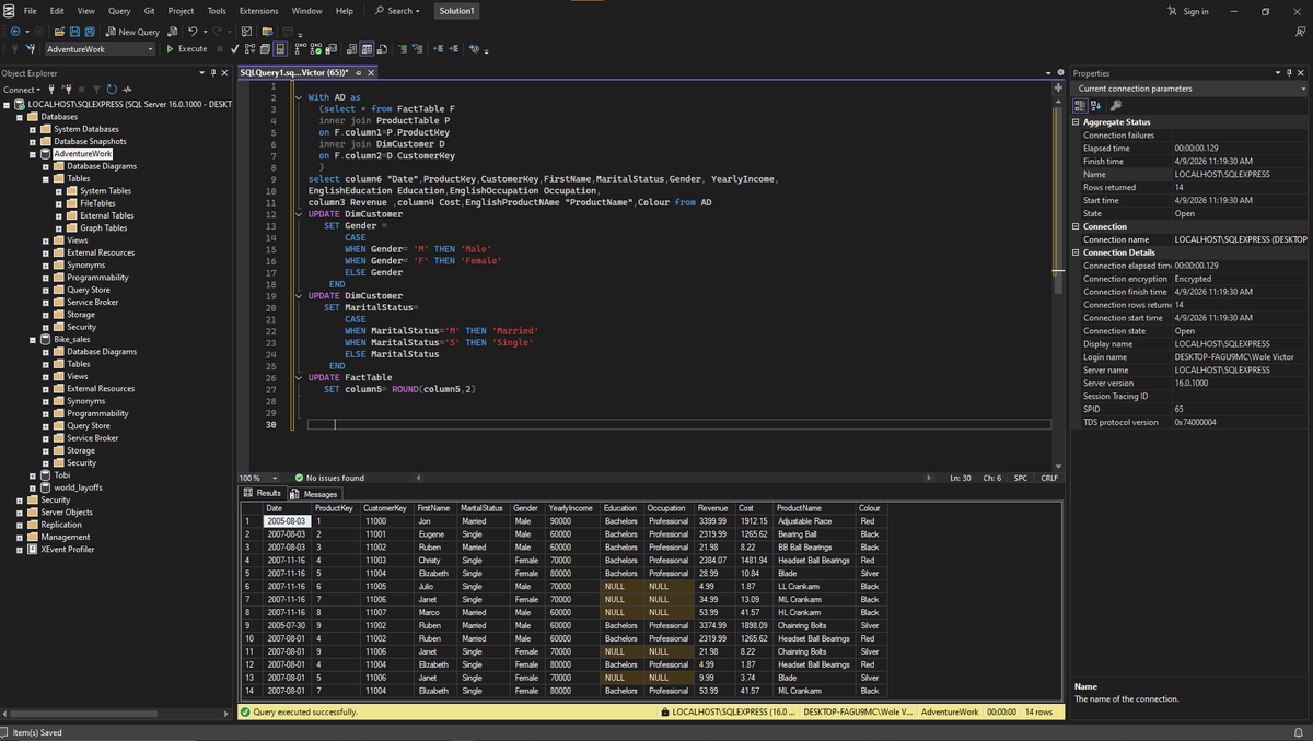 TobhyStevens's tweet photo. Working on my querying skill.
I'm currently learning how to make use of subqueries and cte when retrieving a dataset from database.
I think I'm falling in love with SQL
@ezekiel_aleke
#dataanlysis #sql #dataanalyst https://t.co/MWURdL5CaN