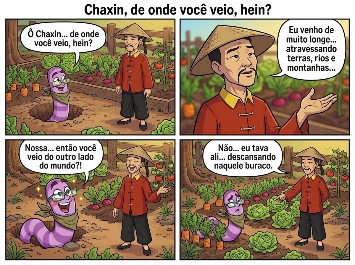 TurmadoFugencio's tweet photo. A sabedoria do Chaxin é inquestionável... mas o lugar de onde ele veio é mais surpreendente do que a Nhoca imaginava. 

Confira a nova tirinha do Studio! Traço limpo, cores vivas e aquele humor de horta que a gente gosta. 

#Tirinha #Humor #Quadrinhos #ChaxinENhoca https://t.co/0PjFhexlKd