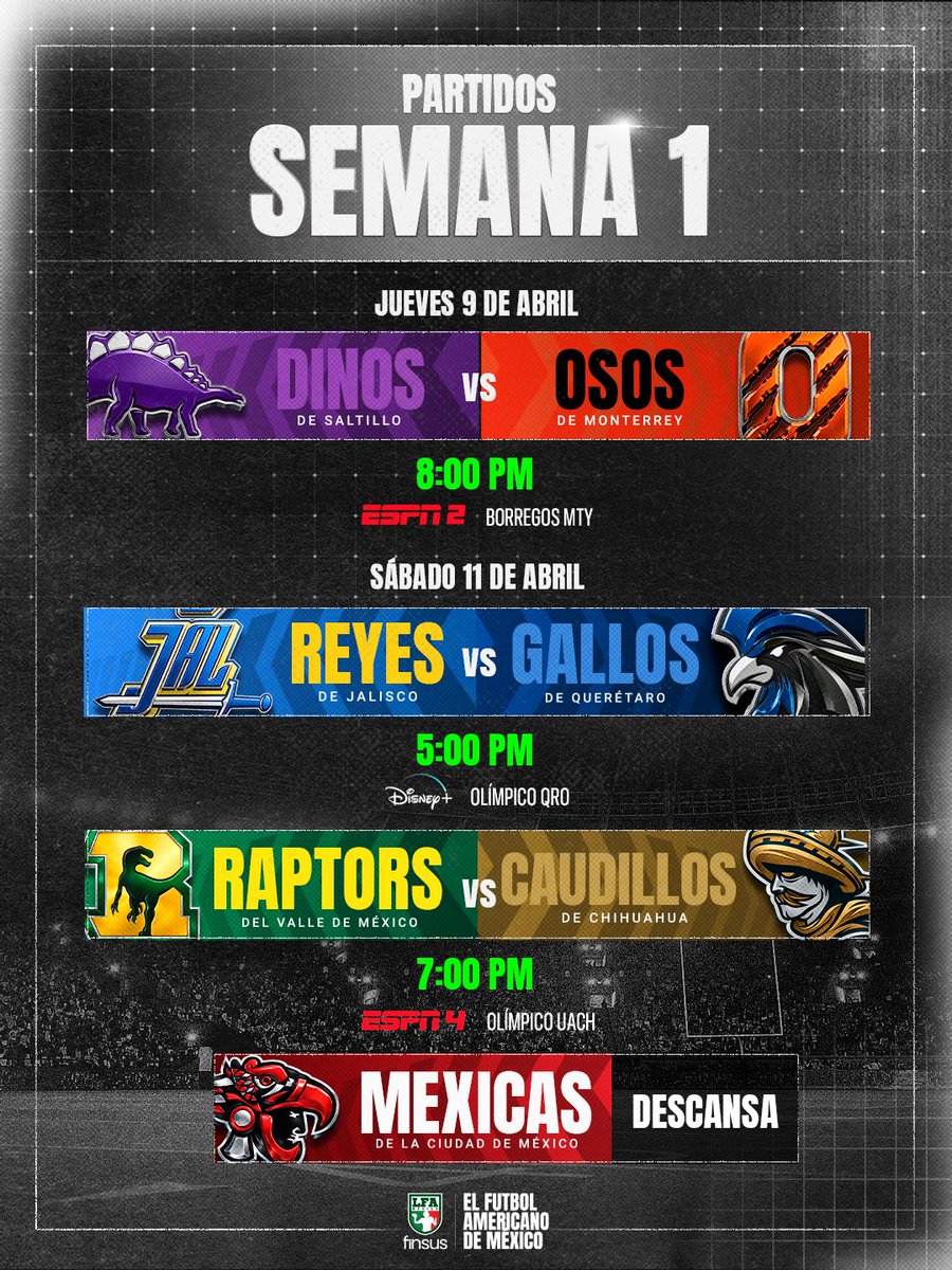 LFA_Mex's tweet photo. ¡Toma nota! ✍️

Estos son los partidos de la Semana 1 de la temporada 2026 de la LFA. 🏈 💥 

#ElEmparrilladoTeEspera https://t.co/LDQ5ZhFQD0