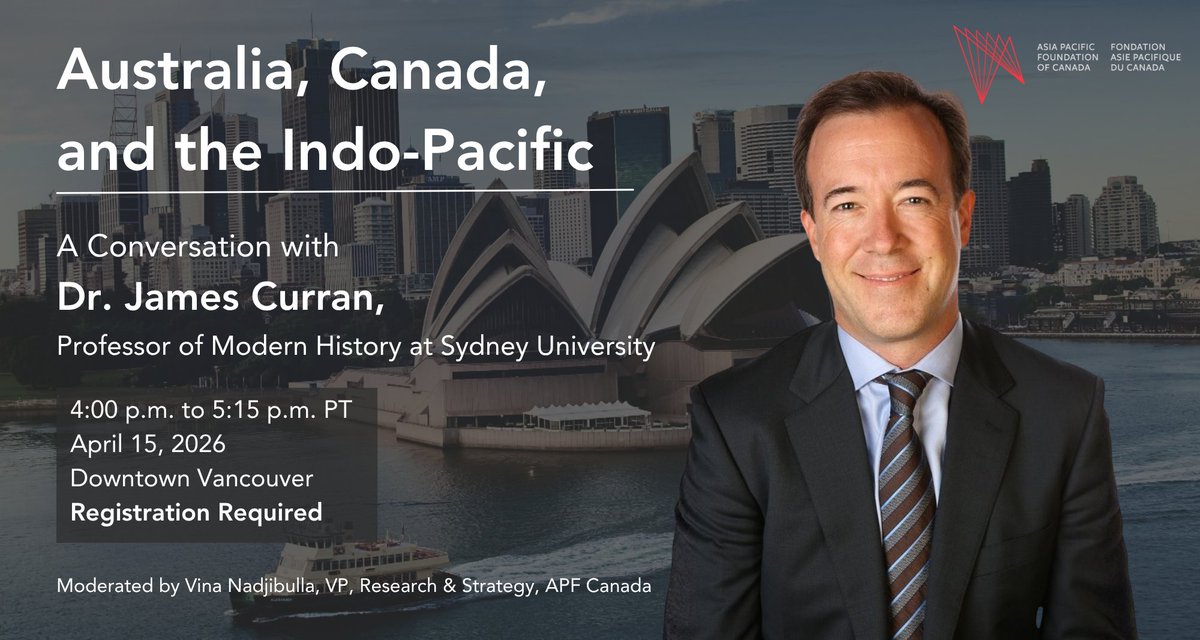 AsiaPacificFdn's tweet image. Join us next week on April 15 for a riveting discussion with Dr. James Curran, Modern History professor at the @Sydney_Uni, on #Canada-#Australia engagement in the Indo-Pacific region.

#RSVP here: shorturl.at/8kr9P

Discussion moderated by APF Canada's @VinaNadjibulla