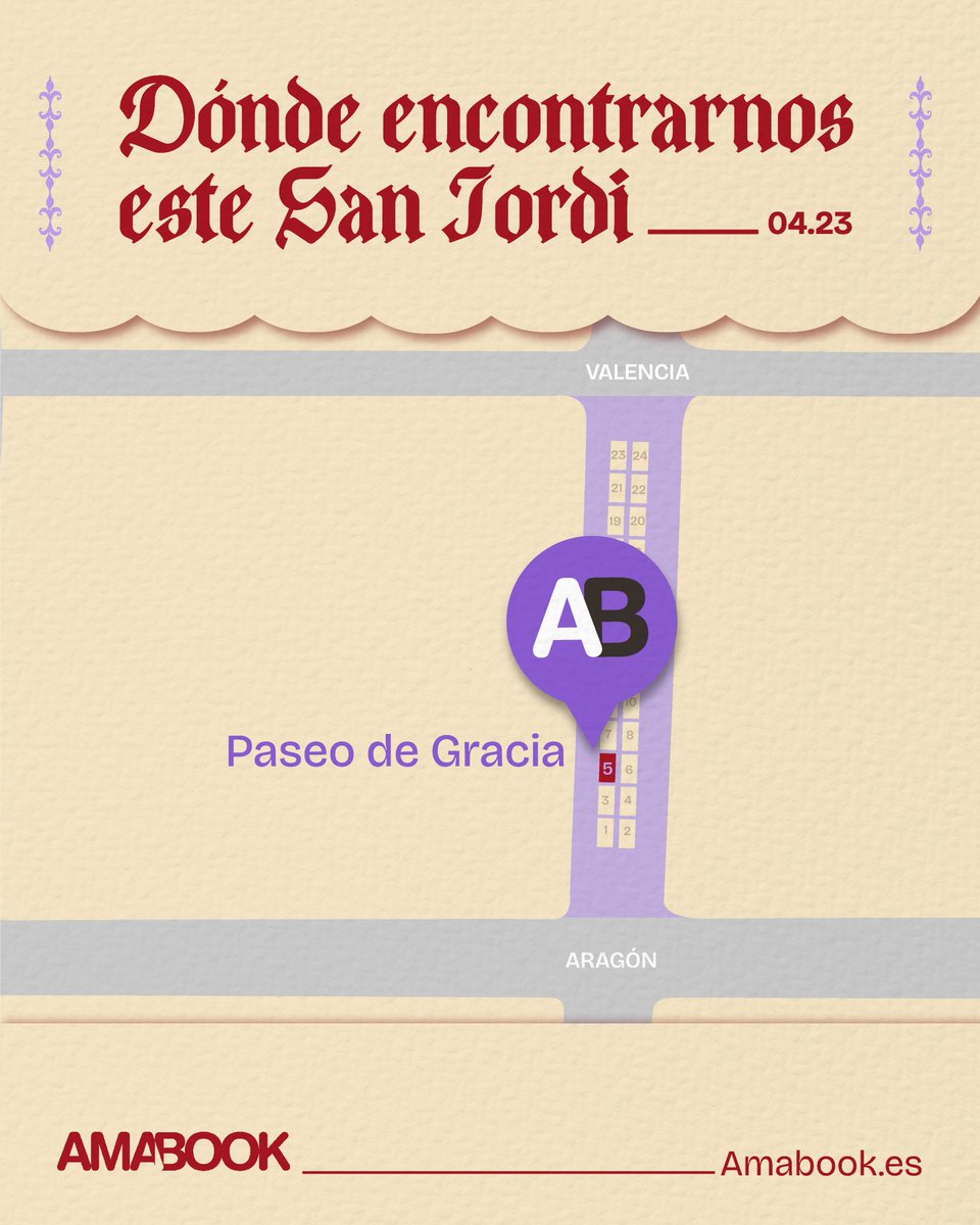 amabook's tweet photo. Este Sant Jordi nos encontrarás aquí 📍
Guarda la ubicación

#amabook #santjordi https://t.co/KMUd52WRoD