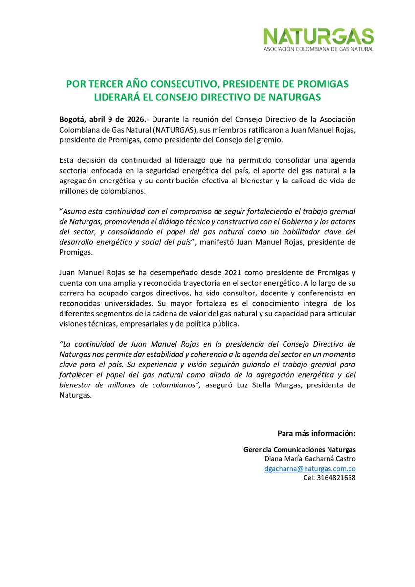 NaturgasCol's tweet photo. Por tercer año consecutivo, Juan Manuel Rojas, presidente de @promigasoficial, liderará el Consejo Directivo de Naturgas, una decisión que aporta estabilidad y coherencia a la agenda gremial en un momento clave para la seguridad energética del país.

Su liderazgo seguirá impulsando el diálogo técnico y constructivo con el Gobierno y los actores de la industria, consolidando el papel del gas natural como el energético de transformación social.

#BuenasNoticias #Naturgas #GasNatural #SeguridadEnergética #IndustriaConPropósito