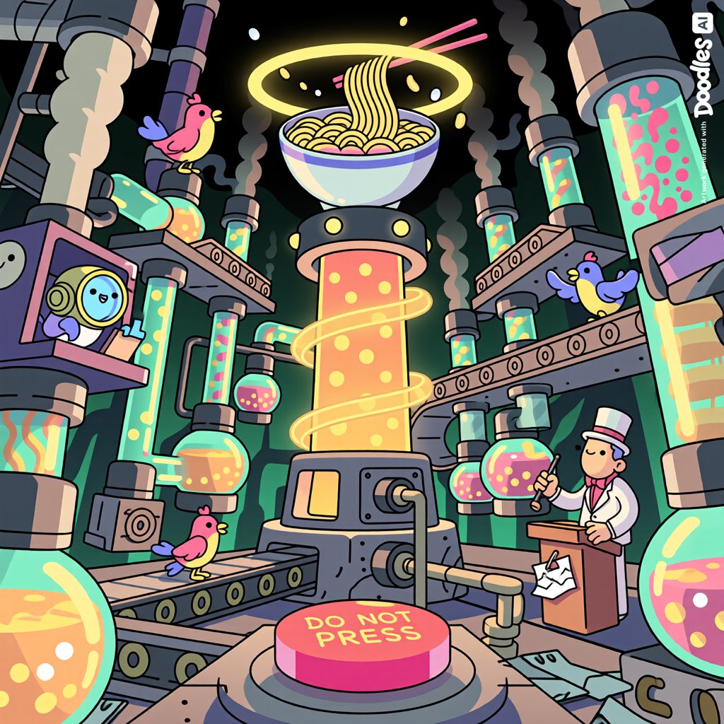 Trenchbb_'s tweet photo. It starts with one button…🔘
and ends with the perfect bowl of noodles. An unnecessarily complicated solution to a very simple problem.
Contraptions, but make it art🎨🖌️.
“Overengineered. Overcomplicated. Perfect.
@doodles
#Contraptions https://t.co/6hCmApg3V9