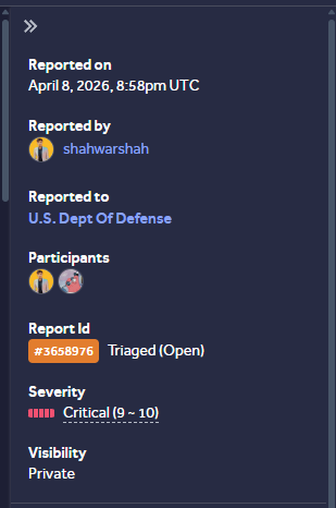 ShahwarShah_'s tweet photo. Critical Bug Triaged😇 @Hacker0x01  

Vulnerability: Account Takeover   

#P1 #bounty #bounty #bugbountytips #BugBounty #CyberSecurity #EthicalHacking #InfoSec #Hunter #SecurityResearcher #WebSecurity #HackThePlanet #Pentest #bugbountytips #fulltimebughunter #shahwarshah #DIBVDP https://t.co/zK9jxkRIvZ