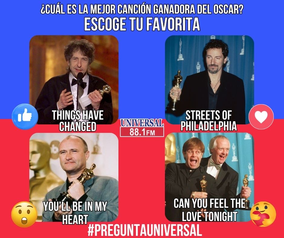 universal881fm's tweet image. #PreguntaUniversal 🎬🏆 ¿Cuál es la mejor canción ganadora del Oscar?
👍 Bob Dylan
❤️ Bruce Springsteen
😮 Phil Collins
🥰 Elton John
¿Cuál eliges? 👀
#Oscars