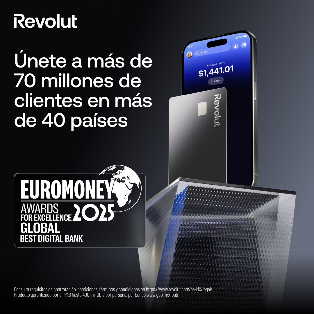Revolut's tweet photo. México, conoce al Mejor Banco Digital del Mundo 2025.