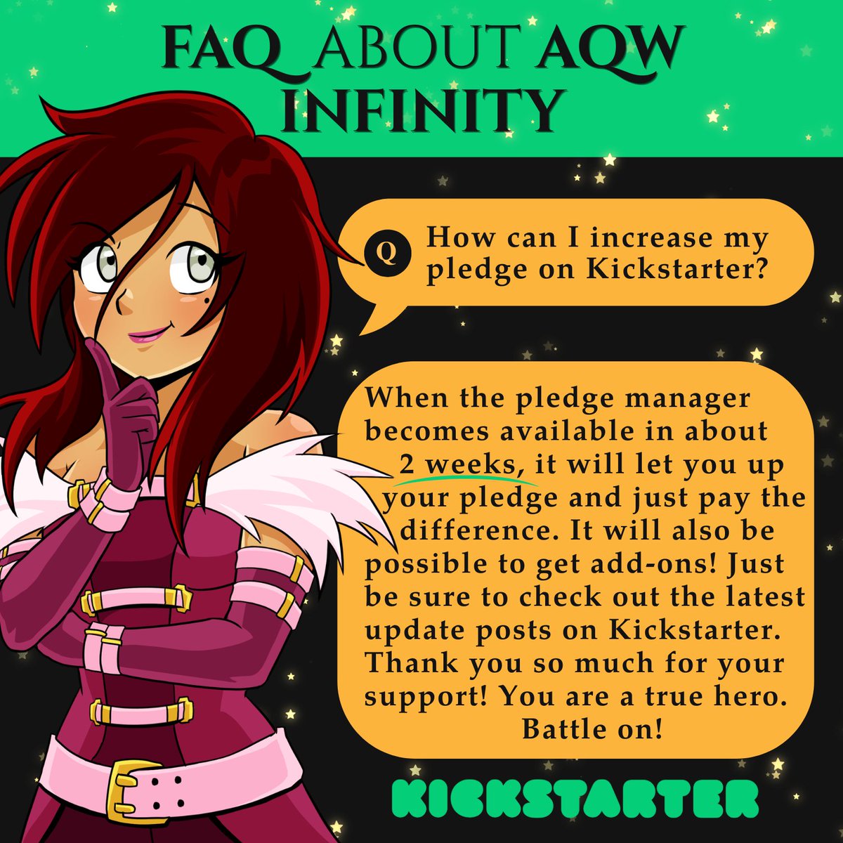 ArtixKrieger's tweet image. Hiya! This is one of the top questions, so here is a clear answer for everyone :) We are truly grateful to have you with us &amp;amp; thank you again for all your support! Keep an eye on Kickstarter for updates at kickstarter.com/projects/artix…
Battle on! ~Beleen #aqw #infinity #kickstarter