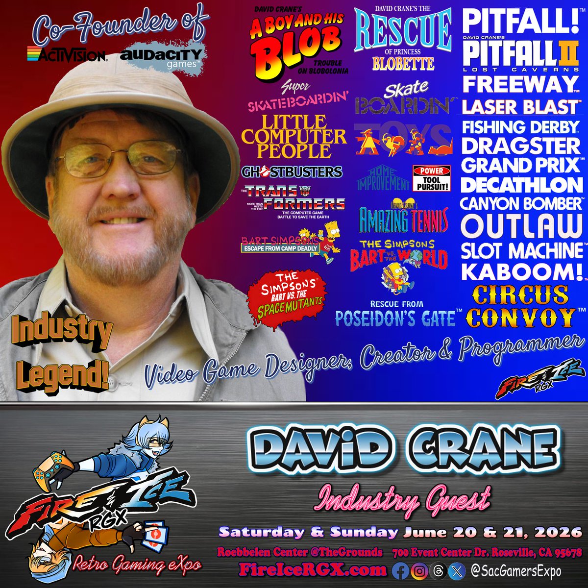 sacgamersexpo's tweet image. We’re pleased to welcome @PitfallCreator as an Industry Guest at Fire &amp;amp; Ice RGX 2026!

#DavidCrane is one of the most successful designers of video games in the world. His award-winning video games are #Pitfall!, #Ghostbusters, #ABoyandHisBlob, &amp;amp; #AmazingTennis. @AudacityGamesHQ
