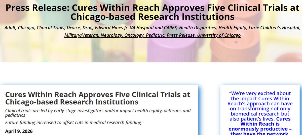 CuresWReach's tweet image. Chicago is a major hub for #ClinicalTrials and we’re growing this with our funding of 5 new trials at Chicago-based research institutions. Focused on areas where patients urgently need better options. cureswithinreach.org/2026/04/09/pre… @LurieChildrens @UChicago 
@HinesVAH #repurposing #ESI