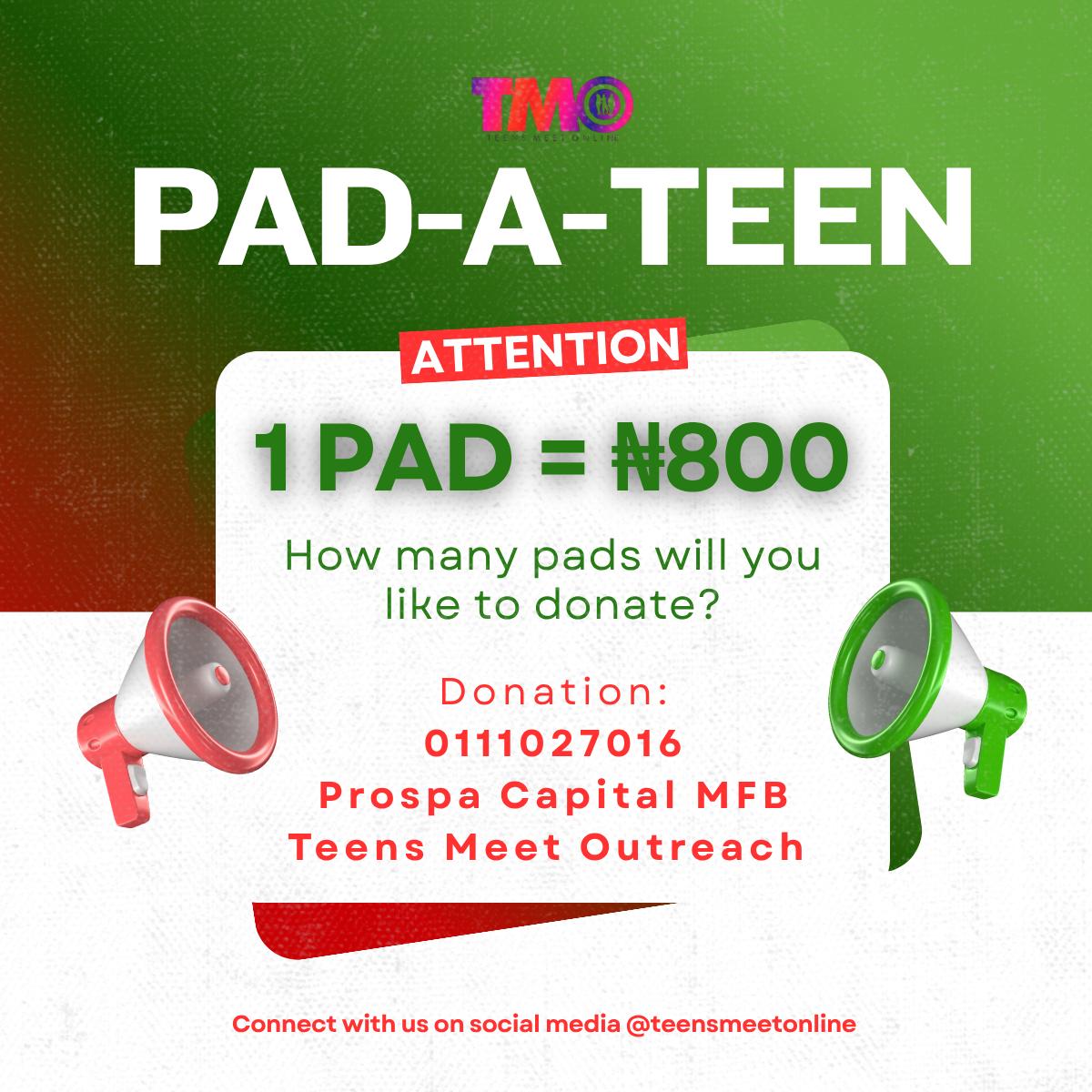 ₦800 can make a difference.

With just one pad, you can help a girl stay in school, stay confident, and stay empowered.

How many pads will you donate?

Every contribution counts. Let’s end period poverty together. 
Donate:
0111027016
Prospa Capital MFB
Teens Meet Outreach
 #TMO