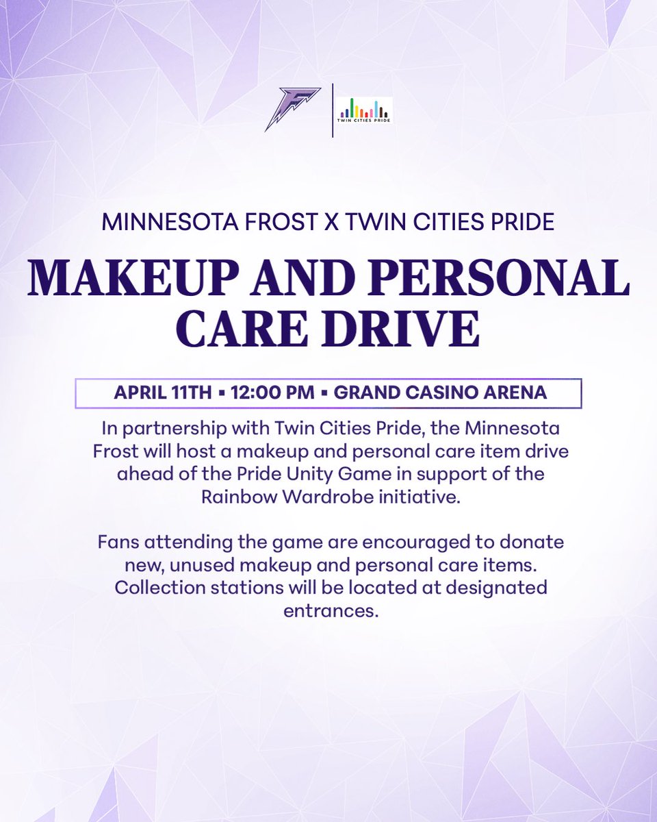 We’re proud to uplift our LGBTQ+ community and partner with <a href="/TwinCitiesPride/">Twin Cities Pride</a> 🏳️‍🌈🏳️‍⚧️
 
Help us make an impact by donating new makeup and personal care items for the Rainbow Wardrobe initiative ahead of Saturday’s Pride Unity Game, presented by <a href="/elfcosmetics/">e.l.f. Cosmetics</a> 💜

🎟️: