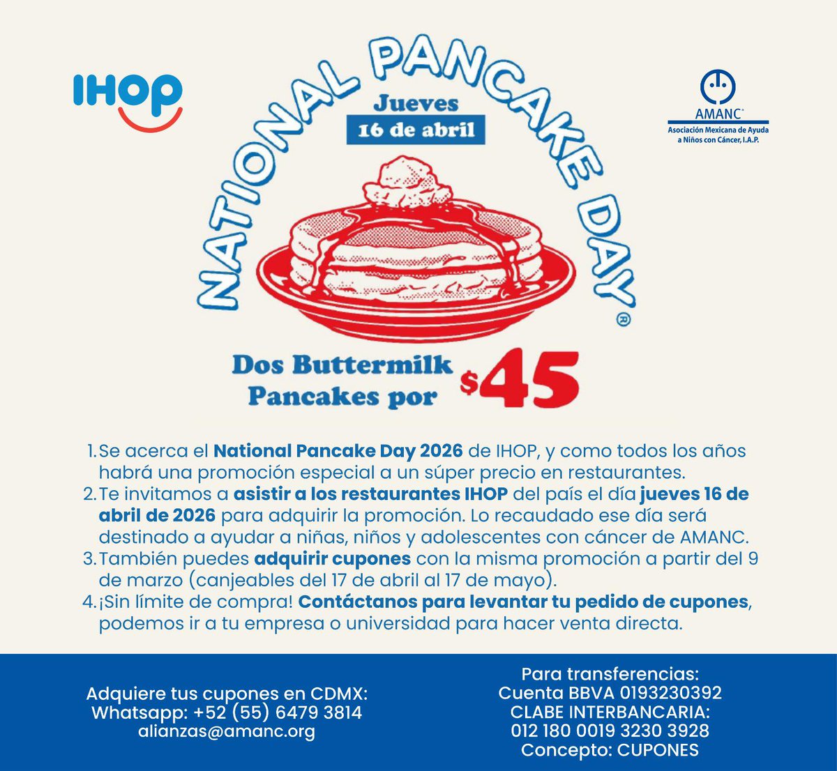 ICEEmx's tweet photo. 💙🥞 #ICEEFans, a veces un pequeño antojo puede ser un gran apoyo.

Este 16 de abril celebra el National Pancake Day y apoya a niñas y niños de @amancmexico

Disfruta, comparte y súmate a esta dulce causa.

#npd #IHOP  #DisfrutaAyudando
https://t.co/McWS5phkOa https://t.co/RWitj5wZal