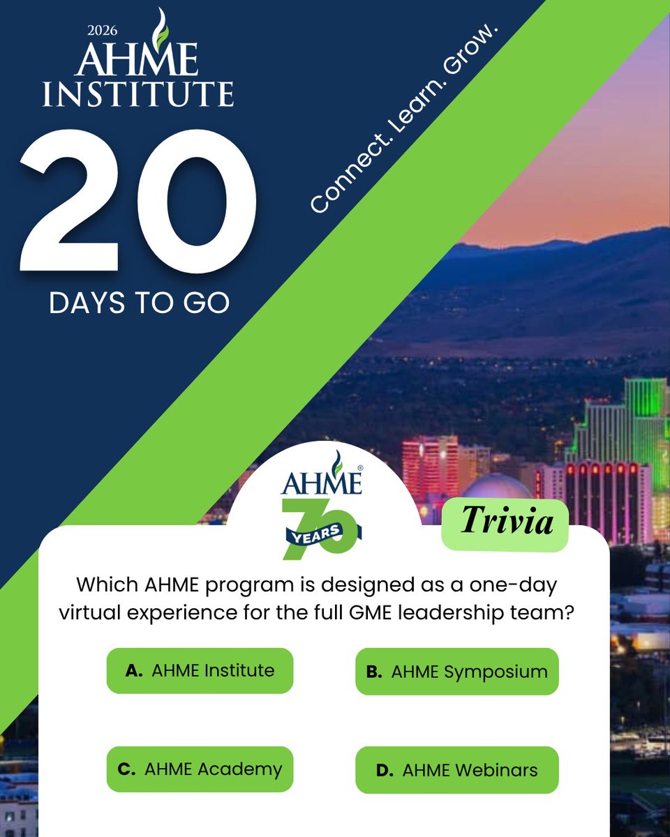 AHMEforMedEd's tweet photo. Just 20 days until the 2026 AHME Institute!

As we celebrate AHME’s 70th anniversary, put your knowledge to the test with this trivia question: Which AHME program is designed as a one-day virtual experience for the full GME leadership team?

Last week’s answer: 6. https://t.co/Do9nzN7stJ