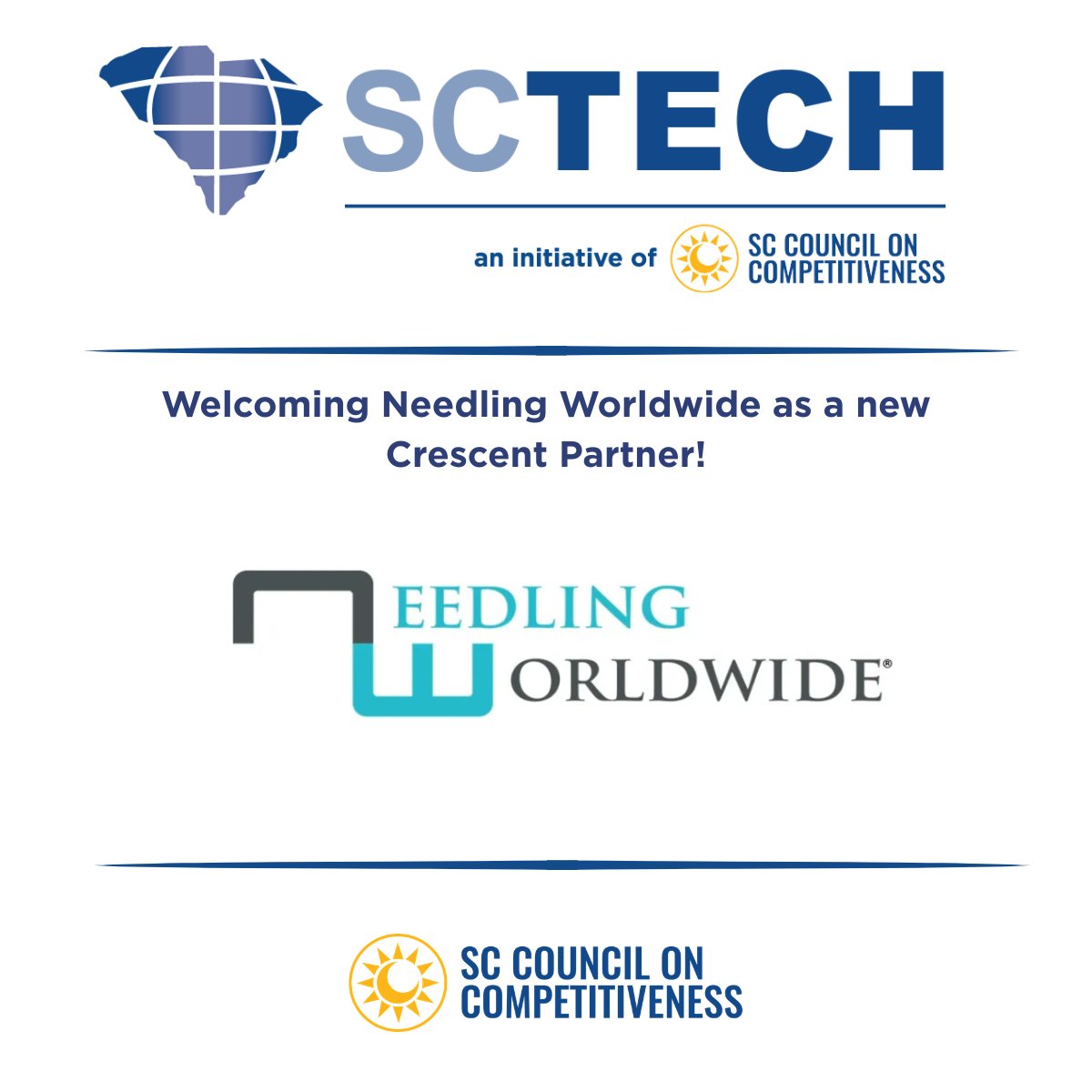 sccompetes's tweet photo. We’re excited to welcome Needling Worldwide as our newest #SCCompetes Crescent Partner in the SC Tech cluster. This partnership reflects a shared commitment to advancing innovation and strengthening South Carolina’s technology economy. https://t.co/897t9K79XJ