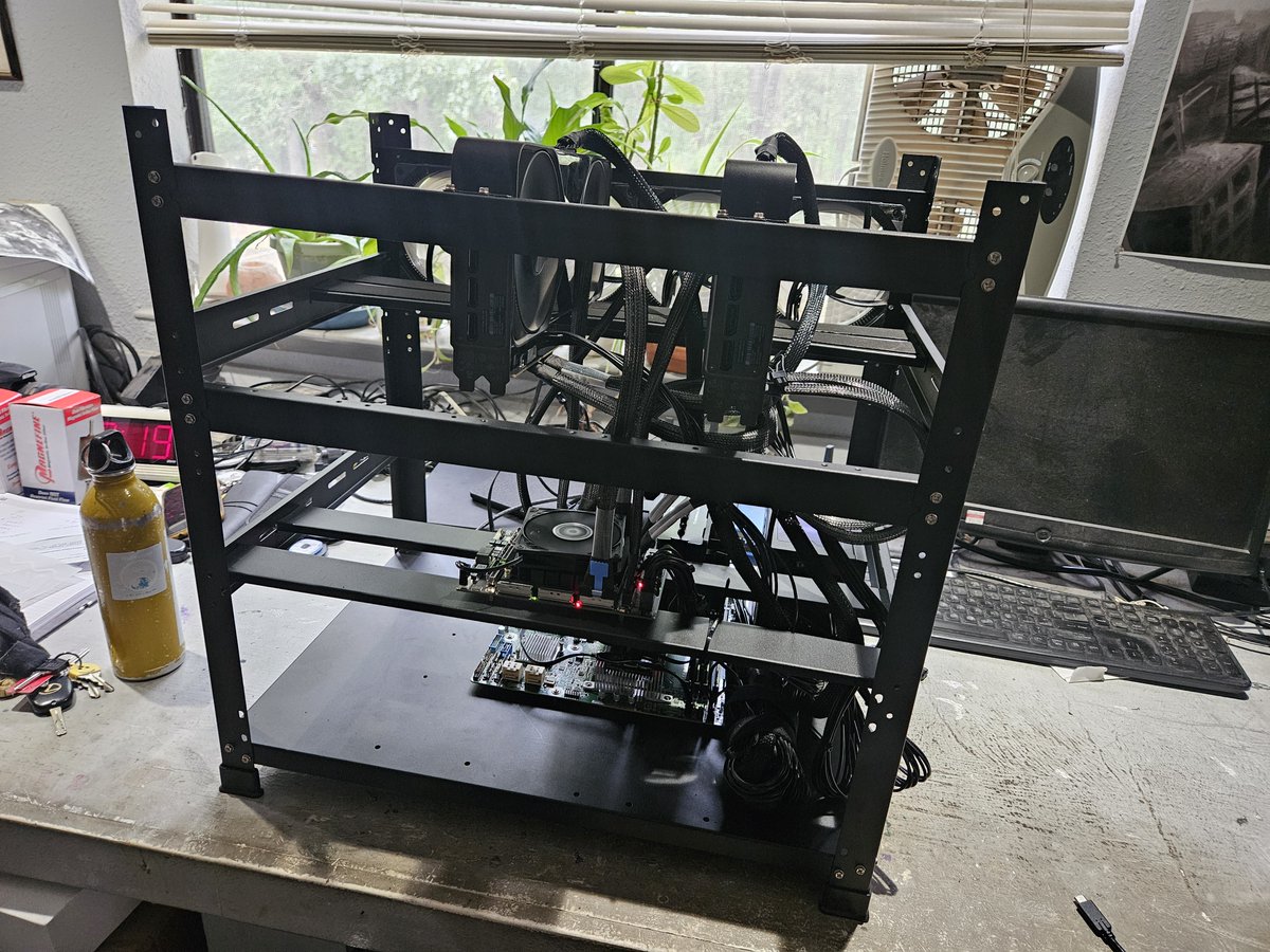 visual_synth's tweet photo. Local AI in 2026 vs 2020.

Same energy. ~198x the intelligence.

Cables got worse (waiting on shorter cables). Benchmarks got better.

198 tok/s | Qwen3.5-122B | 2 GPUs | no NVLink
148 tok/s | MiniMax M2.5 229B | vLLM b12x
79 tok/s | Qwen3.5 397B | GGUF llama.cpp

Build:
$2K AM5 ASRock Rack B650
$3K PCIe switch
2x RTX PRO 6000 Blackwell

Result:
Beats $33K Threadripper builds by ~18% on the same stack

Open-weight + local is not just speed.

It is:
• privacy
• data sovereignty
• control

Some work should never leave the machine.