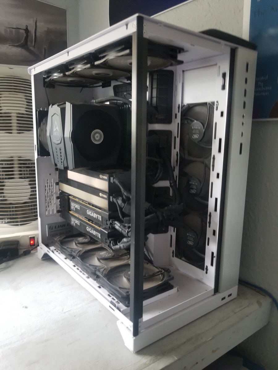 visual_synth's tweet photo. Local AI in 2026 vs 2020.

Same energy. ~198x the intelligence.

Cables got worse (waiting on shorter cables). Benchmarks got better.

198 tok/s | Qwen3.5-122B | 2 GPUs | no NVLink
148 tok/s | MiniMax M2.5 229B | vLLM b12x
79 tok/s | Qwen3.5 397B | GGUF llama.cpp

Build:
$2K AM5 ASRock Rack B650
$3K PCIe switch
2x RTX PRO 6000 Blackwell

Result:
Beats $33K Threadripper builds by ~18% on the same stack

Open-weight + local is not just speed.

It is:
• privacy
• data sovereignty
• control

Some work should never leave the machine.