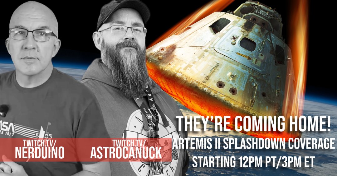 AstroCanuck's tweet photo. Artemis II crew return this Friday!

Watch with us LIVE on Twitch, April 10th:

🟣 Nerduino 12PM PT / 3PM ET
🔗 https://t.co/dq3DSbMVl8

🟣 AstroCanuck joins at 5PM ET
🔗 https://t.co/69Ahs5TN0f

#ArtemisII #NASA #Twitch #LiveOnTwitch #SpaceLaunch #Spaceflight #STEM #SciComm https://t.co/5ju8w18RH8