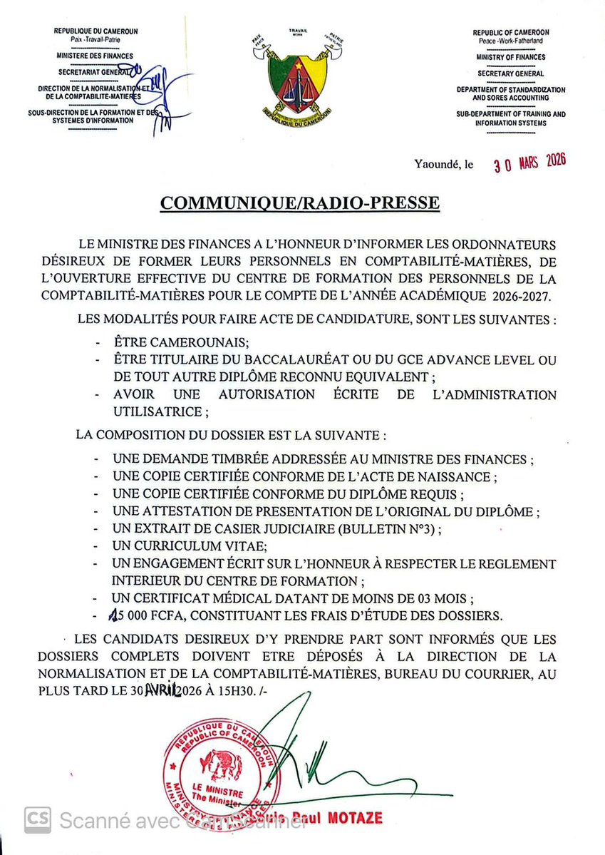 minfi_cameroun's tweet image. #Formation | Le Ministre des Finances annonce l’ouverture du Centre de formation des personnels de la comptabilité-Matières pour le compte de l’année académique 2026-2027. 
Date limite de dépôt des dossiers de candidature le 3️⃣0️⃣ AVRIL 2026.