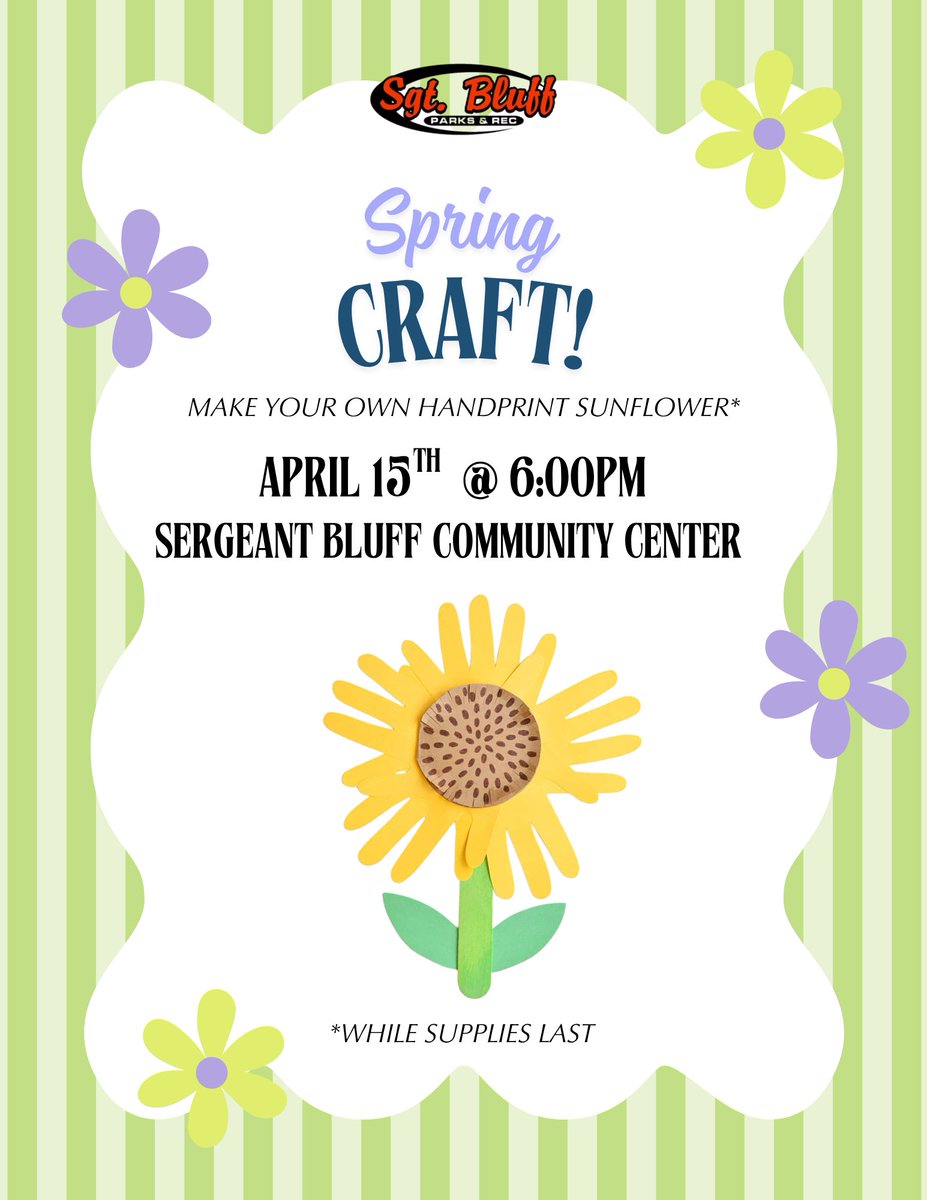 Sgtbluffrec's tweet photo. Join us on April 15th @ 6:00pm for a free Spring Craft! 
Make your own handprint sunflower while supplies last 🌻 https://t.co/Hammk46mra