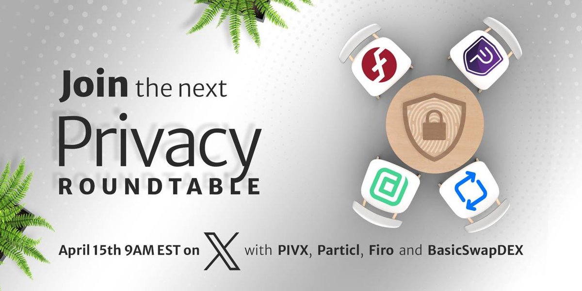 🎙Join us next week as the #Privacy Roundtable is back on the air, always with our friends from <a href="/_PIVX/">PIVX Official priv/acc</a>, <a href="/firoorg/">Firo $FIRO</a>, and <a href="/ParticlProject/">Particl</a>!

📆 April 15th, 9 AM EST
📌 Project Glasswing: How AI Can Make or Break Crypto Security