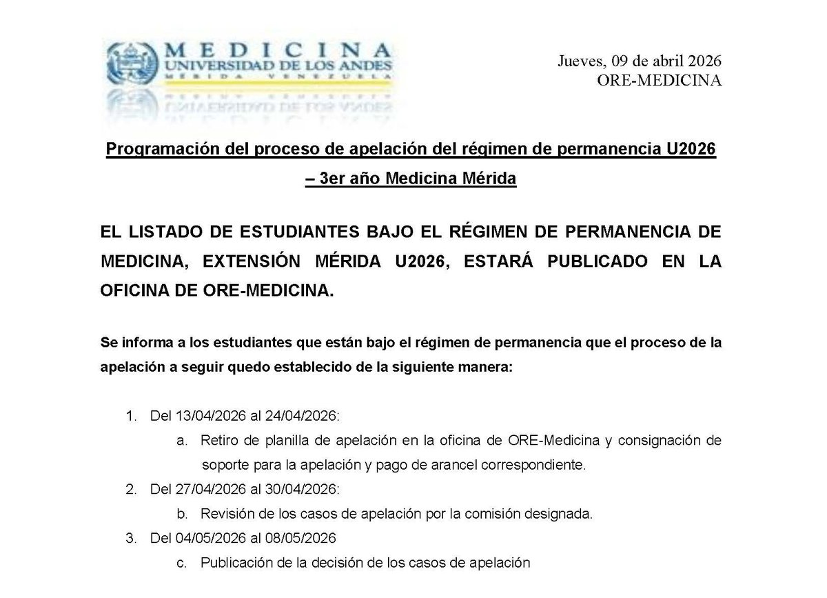 Programación del proceso de apelación del 3er año Medicina U2026
