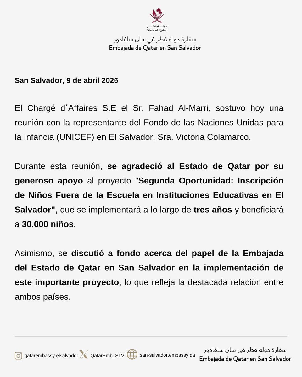 QatarEmb_SLV's tweet photo. Reunión del Chargé d΄Affaires con la representante de UNICEF en El Salvador
@MOFAQatar_ES 
@UnicefSV 
اجتماع القائم بالأعمال مع ممثلّة مكتب اليونيسيف في السلفادور
@MofaQatar_AR https://t.co/gwTjplUqkG
