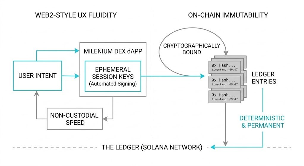 mileniumvision's tweet photo. More than a simple exchange, Millennium DEX protocols institutionalize user intent directly in the ledger. By using ephemeral session keys, each interaction is cryptographically linked to a permanent hash without sacrificing the fluidity of the user experience. Speed ​​without custody combined with absolute immutability.