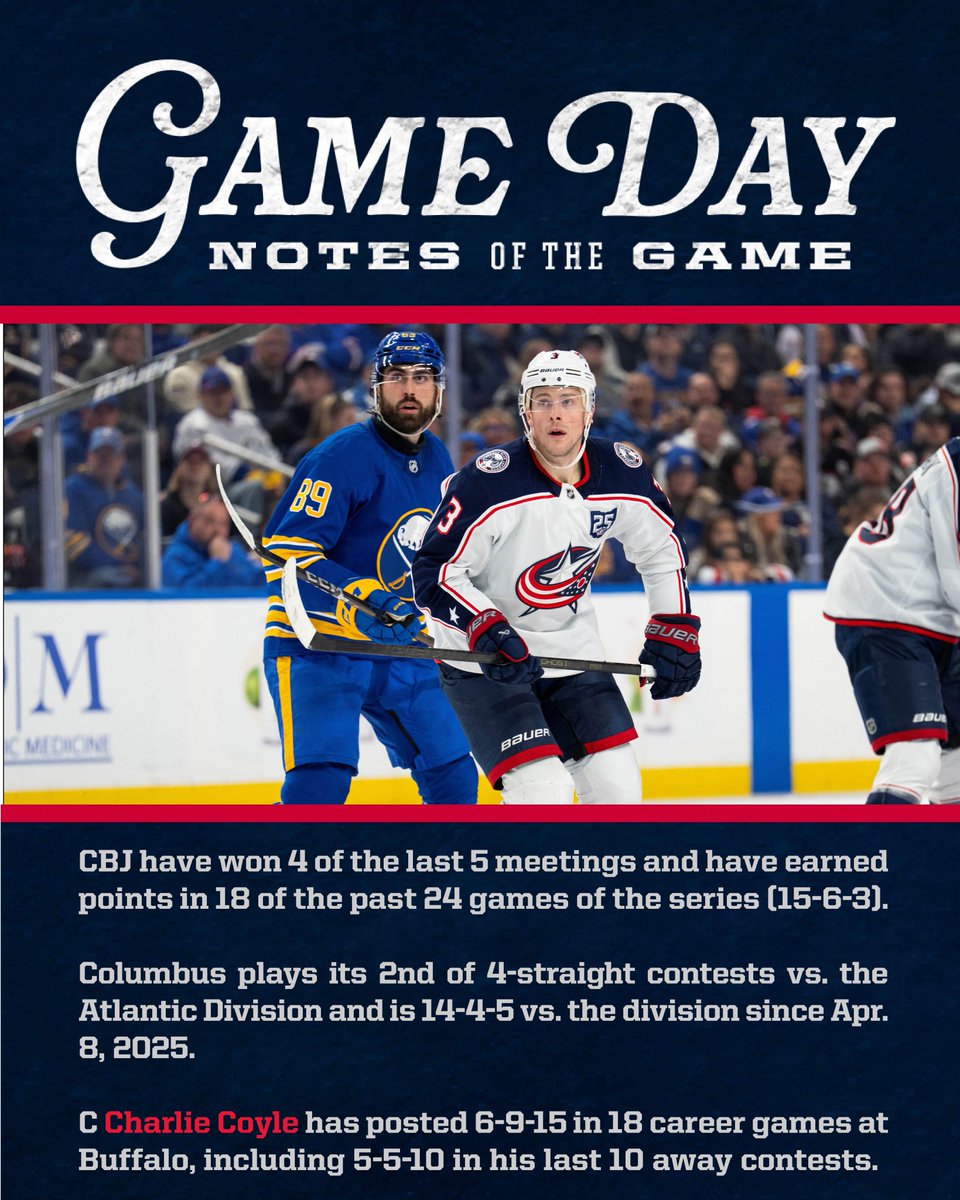 BlueJacketsPR's tweet image. #CBJ continue their 3-game road trip tonight at Buffalo (7pm ET).

Game Notes: cbj.co/GameNotes-0409…

📺 Watch Live on @fanduelSN_CBUS
📻 Listen Live on @971thefan &amp;amp; the CBJ App