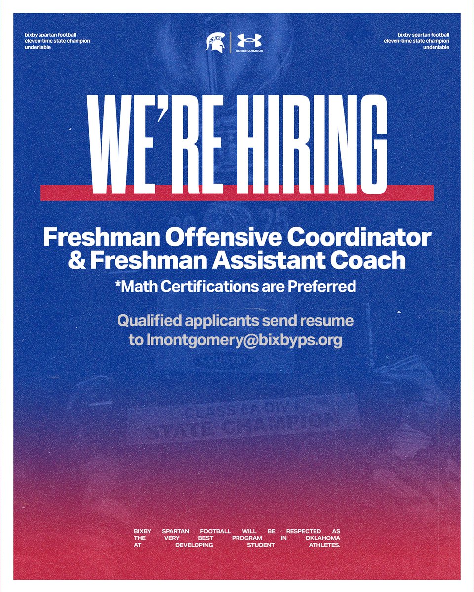 BixbySpartanFB's tweet image. We’re looking for motivated coaches to be a part of the program we are striving to build 📈

#BixbySpartans | #Undeniable