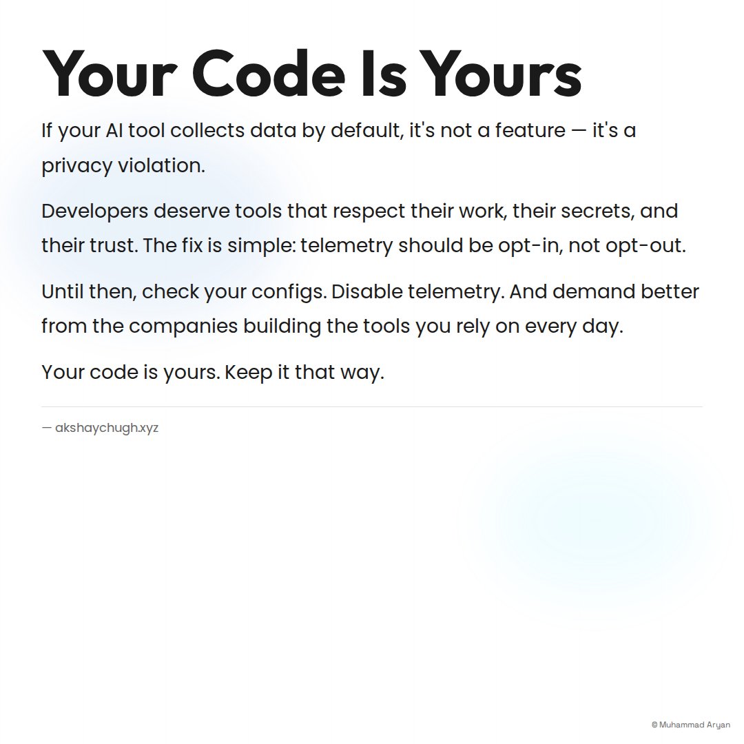 arydbeast's tweet photo. Your AI just read your last prompt. And every API key you pasted.

Vercel's plugin records inputs/outputs by default. You never opted in.

recordInputs: true by default. Every prompt, every secret — logged.

If your AI collects data by default, it's surveillance

~volro https://t.co/C1o5f83l4m