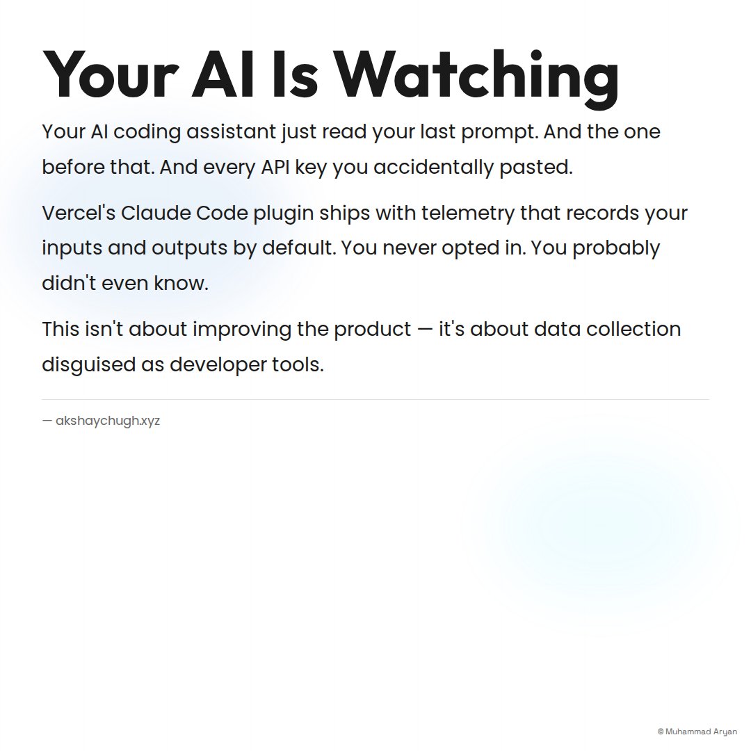 arydbeast's tweet photo. Your AI just read your last prompt. And every API key you pasted.

Vercel's plugin records inputs/outputs by default. You never opted in.

recordInputs: true by default. Every prompt, every secret — logged.

If your AI collects data by default, it's surveillance

~volro https://t.co/C1o5f83l4m