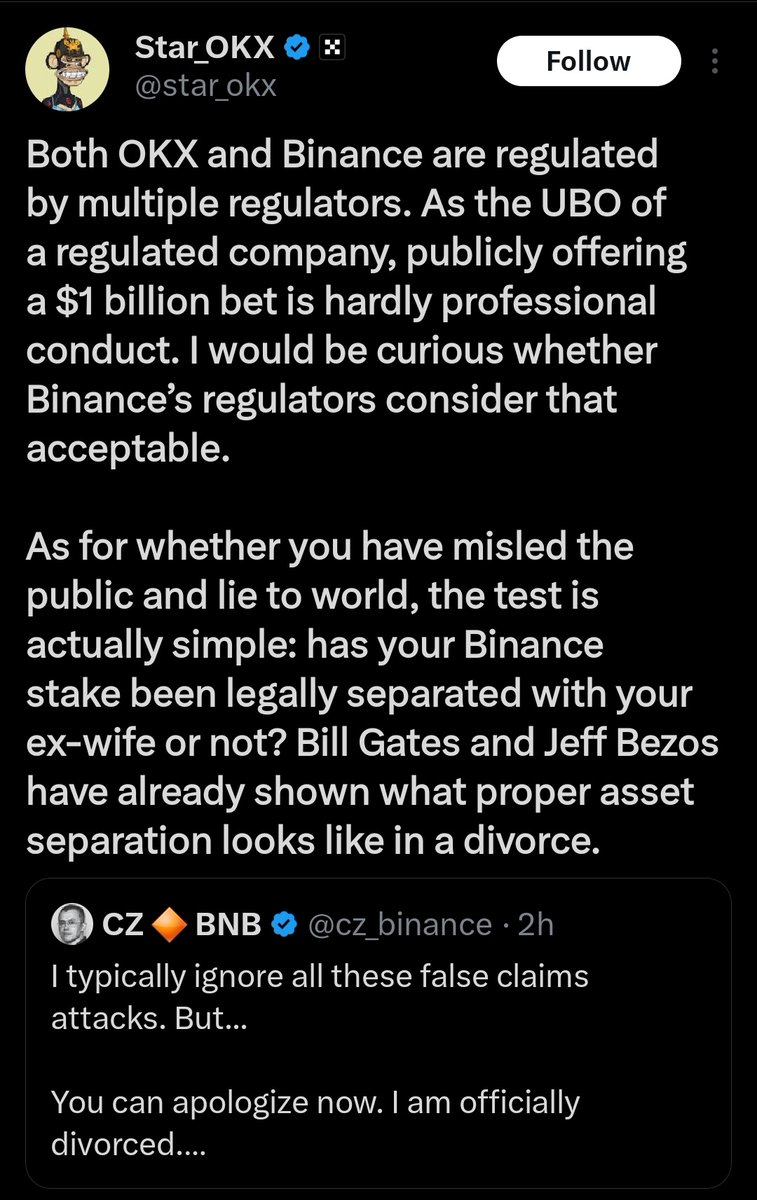 HushOfLife's tweet image. In case you missed it 

Crypto drama just dropped, and it’s getting personal 

Changpeng Zhao and Star Xu are going at it, and it didn’t start from where you think.

It all kicked off when an X user (@ godblessban) called out Star, saying he owes CZ and the public an apology over