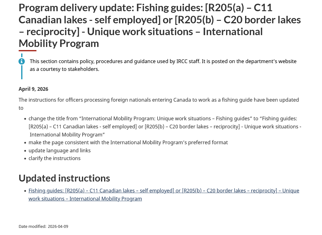 TTRRMK's tweet image. Program delivery update: Fishing guides: [R205(a) – C11 Canadian lakes - self employed] or [R205(b) – C20 border lakes – reciprocity] - Unique work situations – International Mobility Program canada.ca/en/immigration…