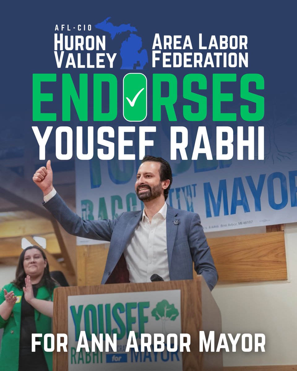 HVALF_AFLCIO's tweet photo. HVALF endorses Yousef Rabhi for Ann Arbor Mayor to:

✅ End the privatization of city jobs and reinvest in city services
✅ Invest in publicly owned, permanently affordable housing
✅ Fight back against local abuses from Trump

Let's elect a Mayor who puts working families first! https://t.co/OZUu3bJNWH