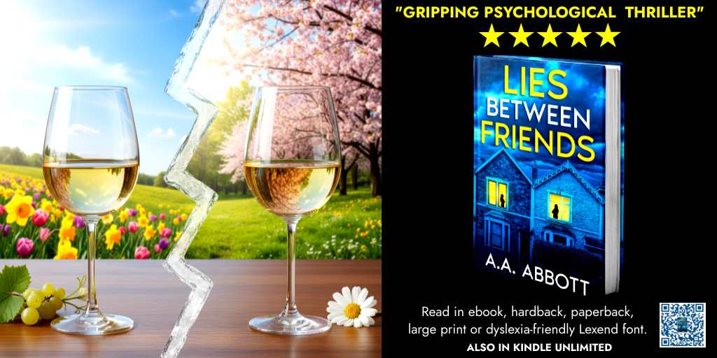 AAAbbottStories's tweet image. Chill with a #book!📖🍷 

LIES BETWEEN FRIENDS - a "twisty and unpredictable" psychological thriller. Perfect if you like Freida McFadden, Lisa Jewell or Linwood Barclay!

mybook.to/LiesBetweenFri…

In ebook, Kindle Unlimited, paperback, large print etc.

#mustread #books #readers