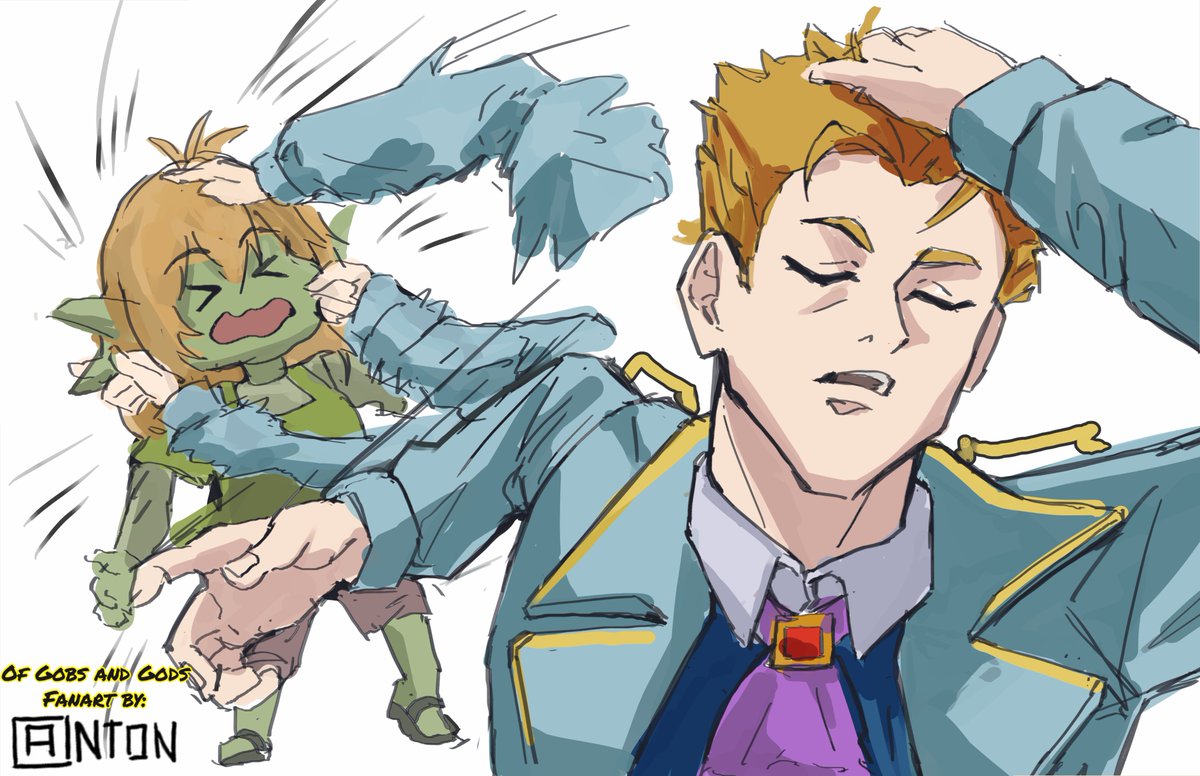 OfGobsandGods's tweet photo. Many were worried about crying Talca in the previous panel I shared, so here's Captain Arlo giving her emergency Goblin cheek pinches and Headpats

Fan Art by @AntonGenga 
#goblin #art #fanart https://t.co/qJRBxWXe0Q