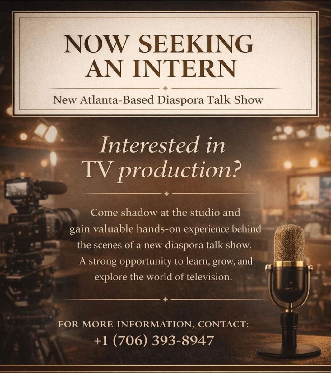 Tochi_Talks's tweet photo. Tag someone in Atlanta, US that is interested in TV production!

#Atlanta #talkshow #intern #needanintern #talkshowintern https://t.co/FrhRP0U9Ro