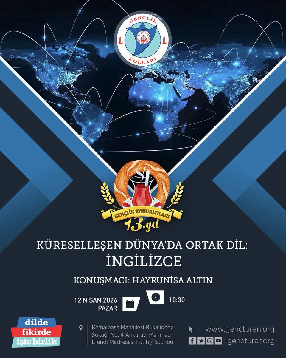 gencturanorg's tweet photo. Bu haftaki pazar kahvaltımızın ardından Gençlik Kolları Yönetim Kurulu üyesi Hayrunisa Altın “Küreselleşen Dünyada Ortak Dil: İngilizce” başlıklı sunumunu gerçekleştirecektir. Tüm vakıf dostlarımızı kahvaltımıza bekleriz. https://t.co/z7NkD7GvDq