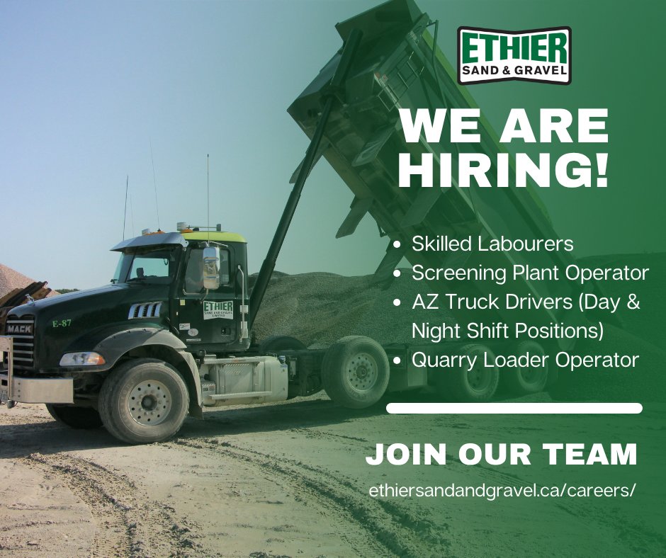 ethiersandg's tweet photo. We are currently hiring for multiple positions, including:
• Skilled Labourers
• Screening Plant Operator
• AZ Truck Drivers (Day &amp; Night Shifts)
• Quarry Loader Operator

https://t.co/Qnrd5JuzXF https://t.co/ZDV27vgkUF