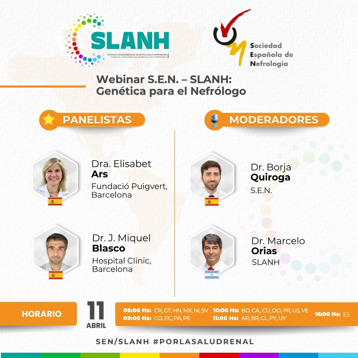 SLANH_'s tweet image. 🎓 PROGRAMA EDUCATIVO ANUAL SLANH
Los Miércoles son de SLANH

🗓 Viernes 11 de abril de 2026

🕘 09:00 h → 🇵🇦
🕘 16:00 h → 🇪🇸

🔗 Regístrate en: bit.ly/slanh11abril

🌐 slanh.net

#SLANH #Nefrología #GenéticaMédica #EducaciónMédica #Nefrólogos