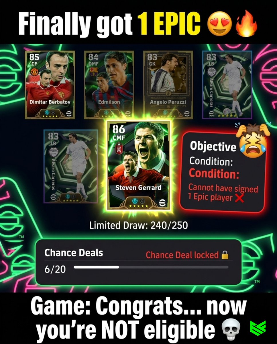 ef_tribe's tweet photo. Konami Biggest scam๏ฟฝ๏ฟฝ๏ฟฝ
Konami logic: โWe made it balanced ๐โ
Got an Epic ๐๐ฅ
Thought I was winningโฆ
Then read the condition ๐
โNo Epic = Rewardโ
โGot Epic = No Rewardโ
Not scamโฆ
Just emotional damage ๐ญ
#eFootballconnect #eFootball2026 https://t.co/6cEYtdEcOR