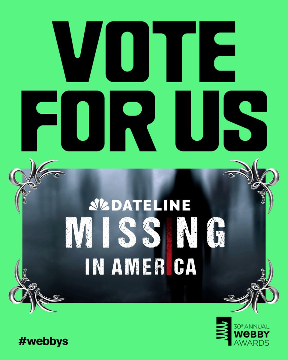 DatelineNBC's tweet image. It’s your last chance to VOTE! Choose the #Dateline #MissingInAmerica podcast to win for the Crime &amp;amp; Justice category at the #webbys.

VOTE NOW: vote.webbyawards.com/PublicVoting#/…