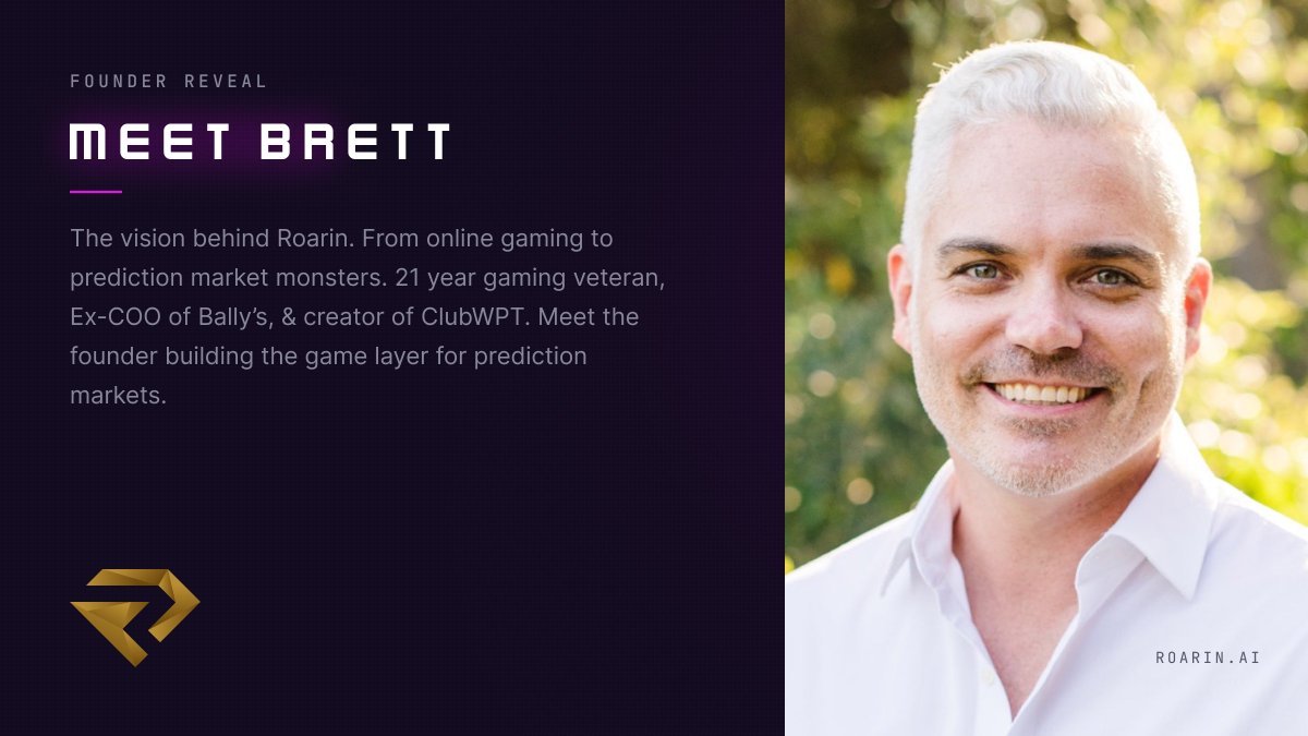 roarin_ai's tweet photo. FOUNDER REVEAL: Meet Brett @brettcalapp 🦁

21 years building gaming from the ground up.

Ex-COO of Bally's. Creator of ClubWPT. Created 5 platforms, producer of 40+ games. First to run poker for prizes on Meta. Global licensed operator across sports betting, poker & casino.

Now he's building another first.

The FIRST RPG layer on prediction markets. A platform where you play, compete, and win.

Welcome to Roarin