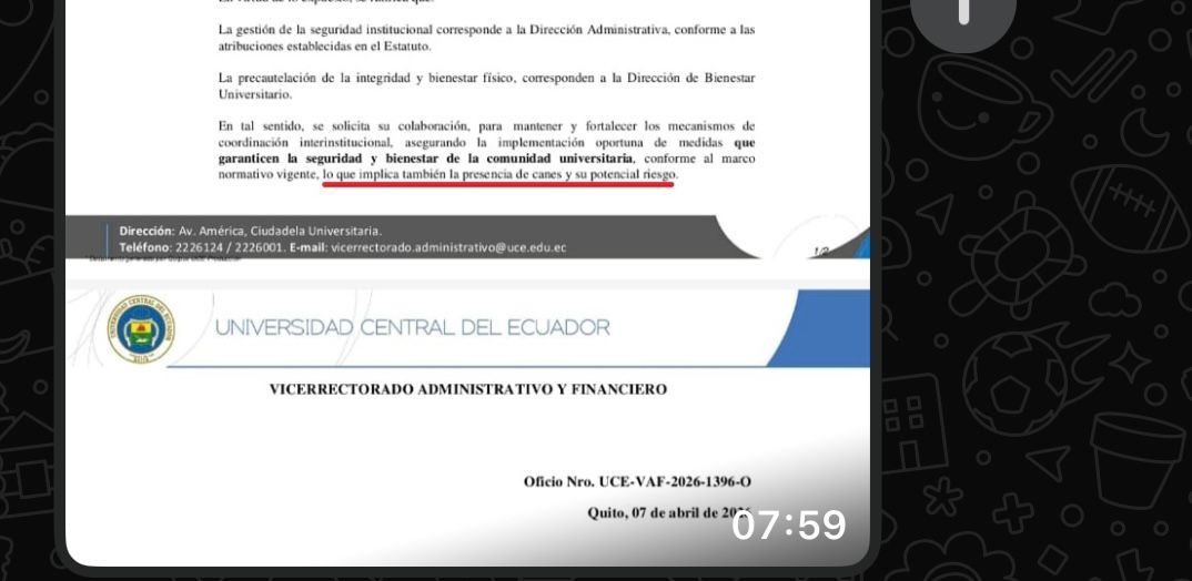 ATENCIÓN 📢📢
El Vicerrector de la <a href="/lacentralec/">Universidad Central del Ecuador</a> Silvio Toscano, es el odiador de los animalitos de la U Central. Según este los peluditos son "un peligro potencial". Ya desaparecieron a una perrita y ahora quieres desaparecer a los otros.
Aquí las pruebas.
<a href="/LoroHomero/">Jorge Yunda Machado</a>