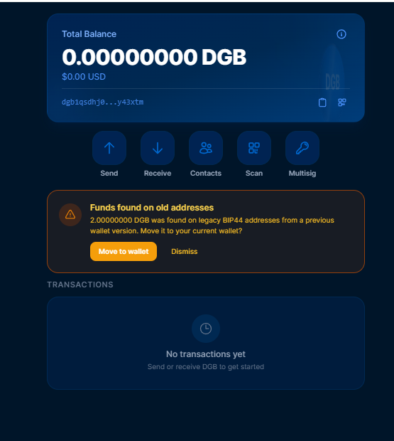 Update just dropped for DGB Wallet 🙌
New stuff:
— PDF receipts for every transaction

Also fixed a real bug — shoutout to Jose <a href="/Cardon_Saguaro/">Jose Trejo</a>  for catching it 🙏

now fixed. We're properly on BIP84, which is what Bitcoin Core, Ledger, and Trezor all use. #DGB