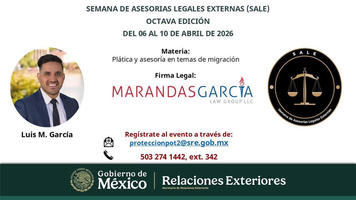 ConsulMexPot's tweet image. 📢📢Te invitamos a formar parte de la #SALE ⚖ Tendremos la participación de los abogados 🧑🏽‍⚖️👩🏽‍⚖️ Luis García y Corina Ubario de Marandas Garcia Law Group, quienes brindarán información en materia migratoria y asesoría ⚖️ a nuestra comunidad 🇲🇽 ¡Te esperamos! 🇲🇽⚖️🇺🇸