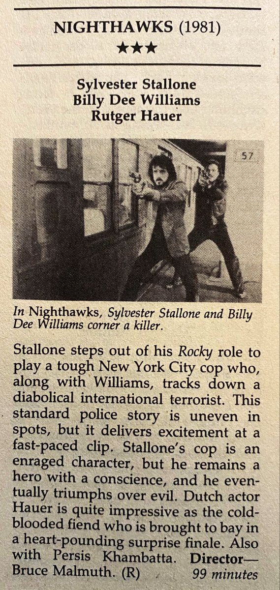 ClassicHBOGuide's tweet image. Pay Cable April 1982 - @TheSlyStallone and @realbdw star in the electrifying: NIGHTHAWKS - guide ads, @TVGuide close up when it aired on network television, capsule from Rating the Movies book (from early 80s) #1980s #cinema #terrorism #newyorkcity