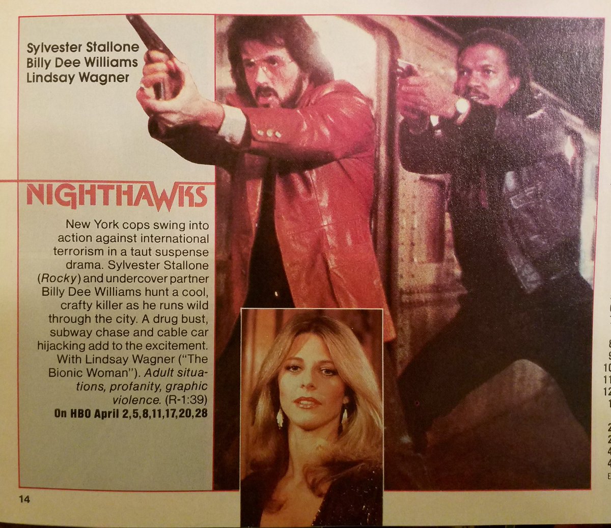 ClassicHBOGuide's tweet image. Pay Cable April 1982 - @TheSlyStallone and @realbdw star in the electrifying: NIGHTHAWKS - guide ads, @TVGuide close up when it aired on network television, capsule from Rating the Movies book (from early 80s) #1980s #cinema #terrorism #newyorkcity