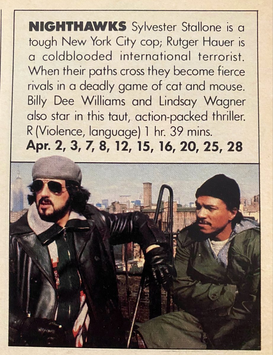 ClassicHBOGuide's tweet image. Pay Cable April 1982 - @TheSlyStallone and @realbdw star in the electrifying: NIGHTHAWKS - guide ads, @TVGuide close up when it aired on network television, capsule from Rating the Movies book (from early 80s) #1980s #cinema #terrorism #newyorkcity