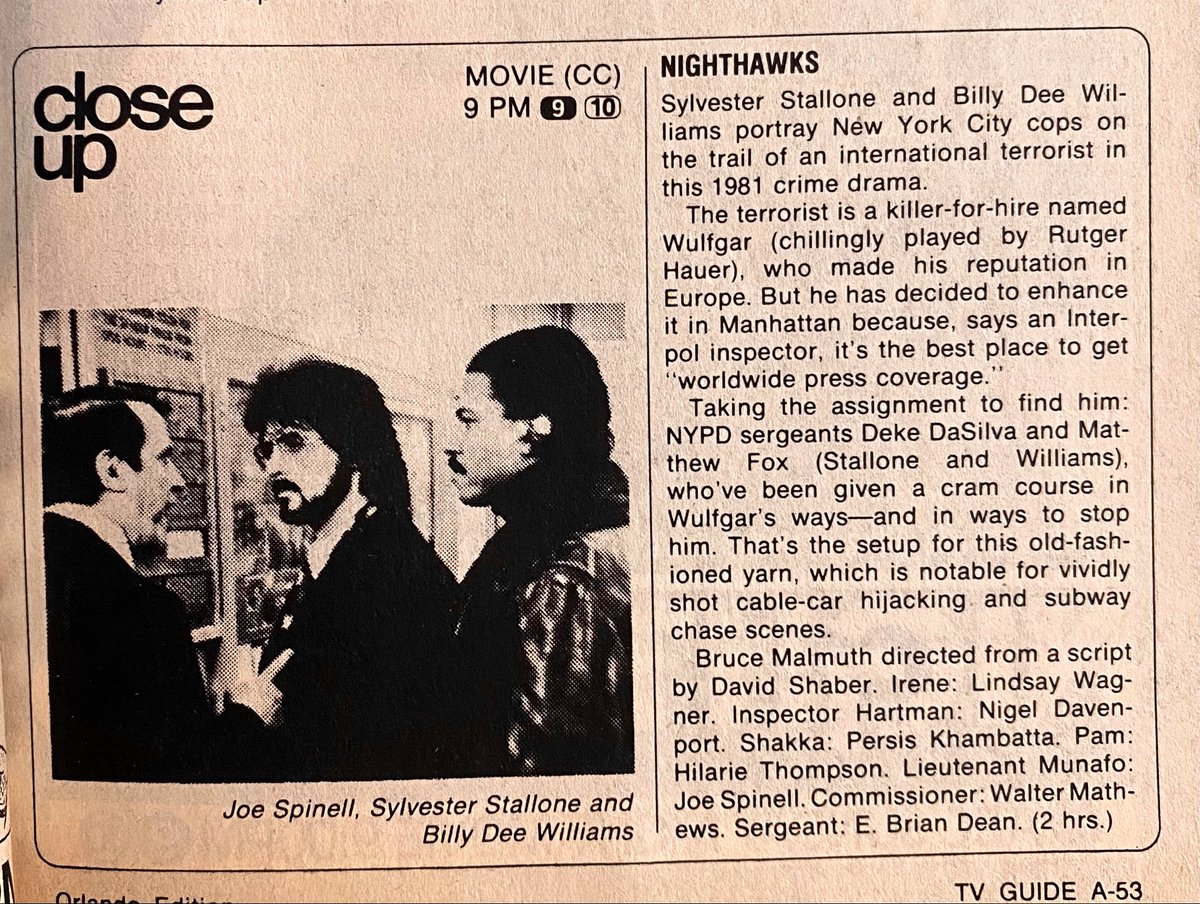 ClassicHBOGuide's tweet image. Pay Cable April 1982 - @TheSlyStallone and @realbdw star in the electrifying: NIGHTHAWKS - guide ads, @TVGuide close up when it aired on network television, capsule from Rating the Movies book (from early 80s) #1980s #cinema #terrorism #newyorkcity